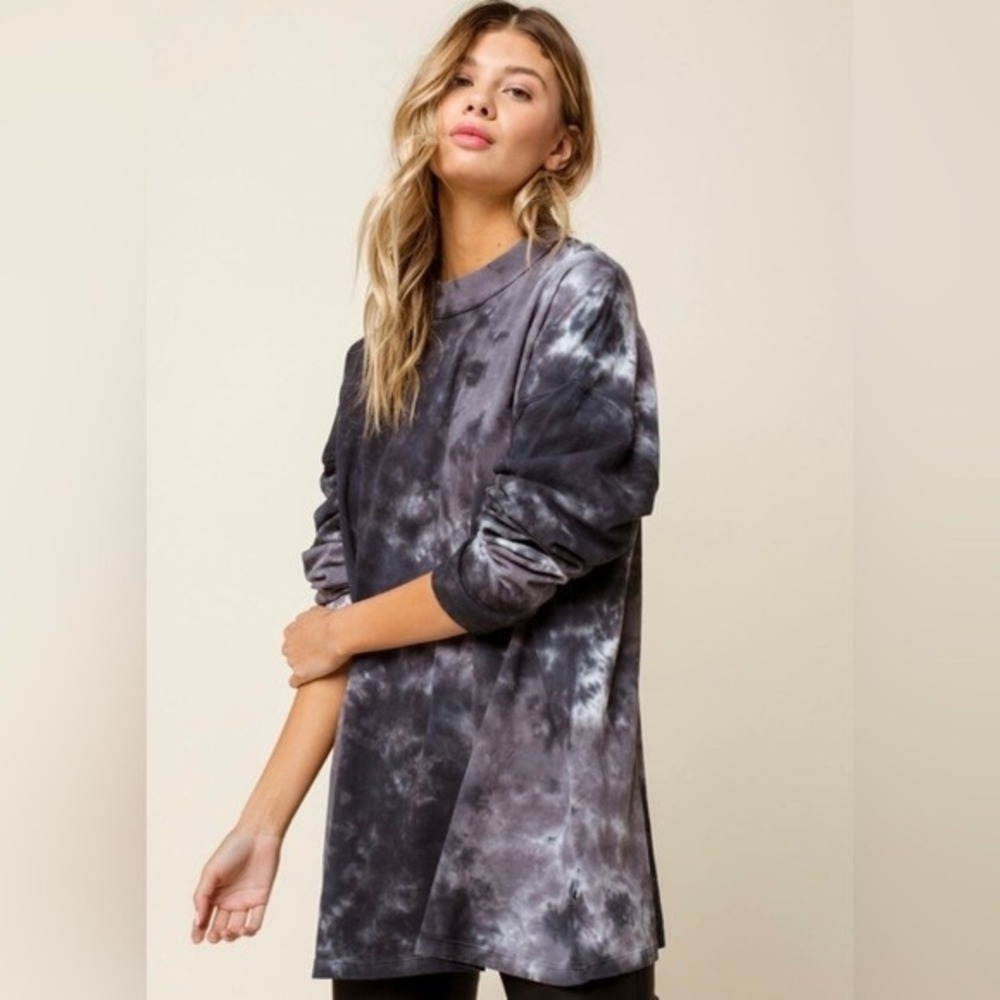 We The Free Tie Dye Long Sleeve Top Women Small Black Gray Mock Neck Cotton Boho - Picture 1 of 8